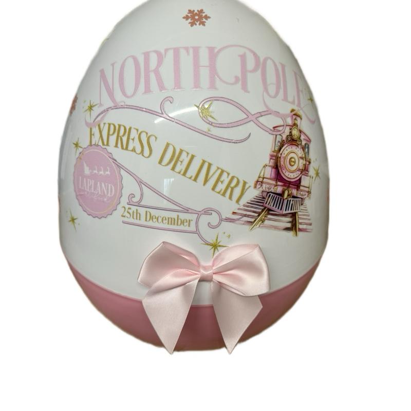 Northpole Express Delivery Personalised Christmas themed Jumbo Plastic Egg with Lapland Design & Pink Bow