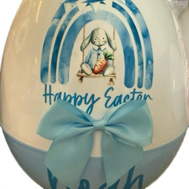 Personalised 16 inch Jumbo Plastic Storage Egg with Ribbon Bow and Bunny Design Perfect for filling with Easter Gifts