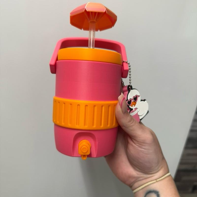 Pink and orange can cooler, can holder with can opener and straw topper. Name can be added if send me name in message after ordering or leave a note at checkout