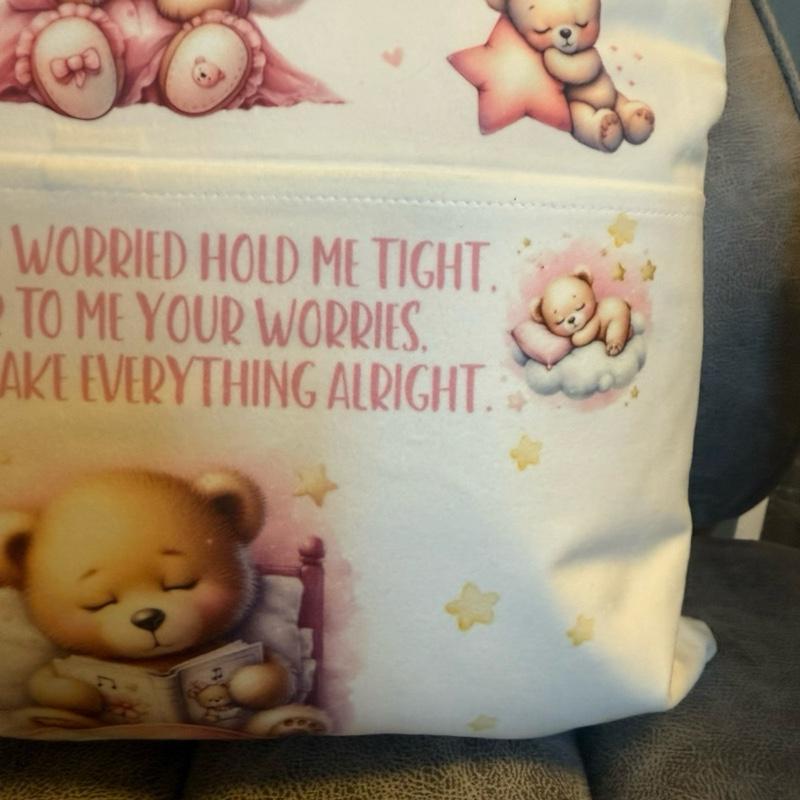 Personalised Worry bear pocket cushion with the choice to add on the bear. Anxiety bear, support bear cushion. Personalised cushion