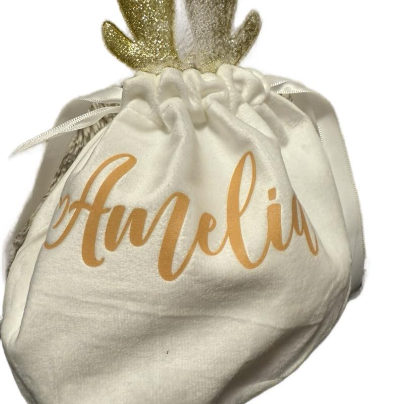 Christmas Velvet White Gift Bag with Reindeer Ears Personalised with Name