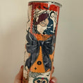 Orange Adult Girl Doll 20oz Tumbler with Halloween Design and Bow Detail-with lid and straw and for hot and cold drinks