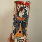 Orange Adult Girl Doll 20oz Tumbler with Halloween Design and Bow Detail-with lid and straw and for hot and cold drinks
