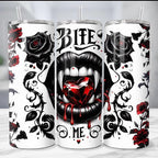 20oz tumbler vampire bite me themed with lid and straw for hot and cold drinks