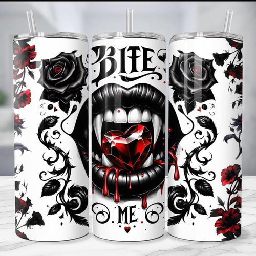 20oz tumbler vampire bite me themed with lid and straw for hot and cold drinks