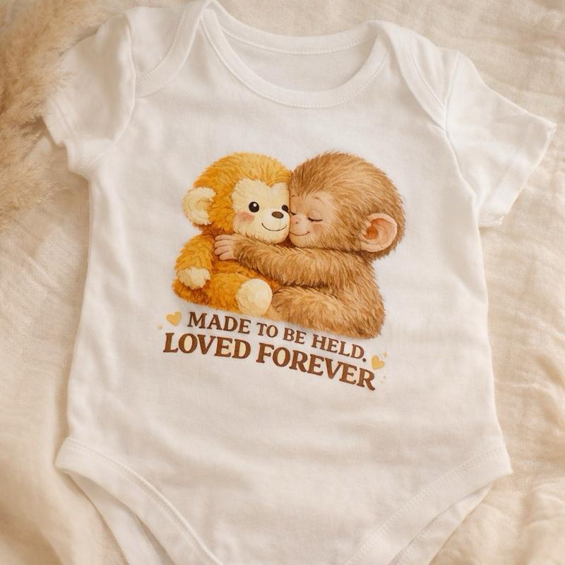 Baby’s Punch the Monkey Body Suit Vest with Adorable Hugging Monkeys Design Made to Be Held Loved Forever
