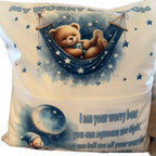 Personalised blue worry bear pocket cushion, pillow. Option to add on insert and teddy