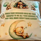 Personalised green worry bear pocket cushion, pillow. Option to include insert and teddy bear