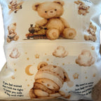 Beige designed personalised worry bear pocket cushion, pillow, with the option to add an insert and a teddy bear which will also be personalised