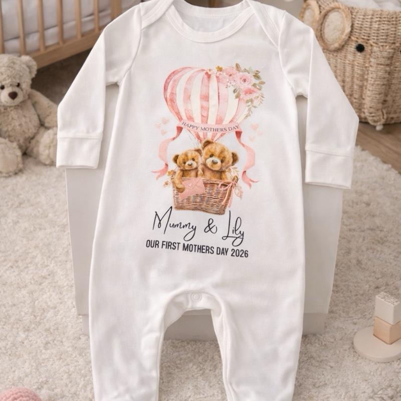 First Mother's Day Personalised Baby Grow Baby Romper with Teddy Bears Design Can Be Customised with Any Names
