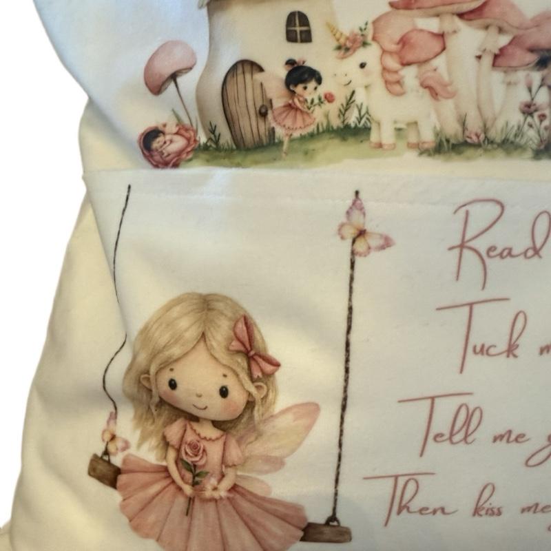 Personalised fairy pocket cushion, pillow. Would look beautiful in any little girls room. 40x40. Option to add on insert and plush